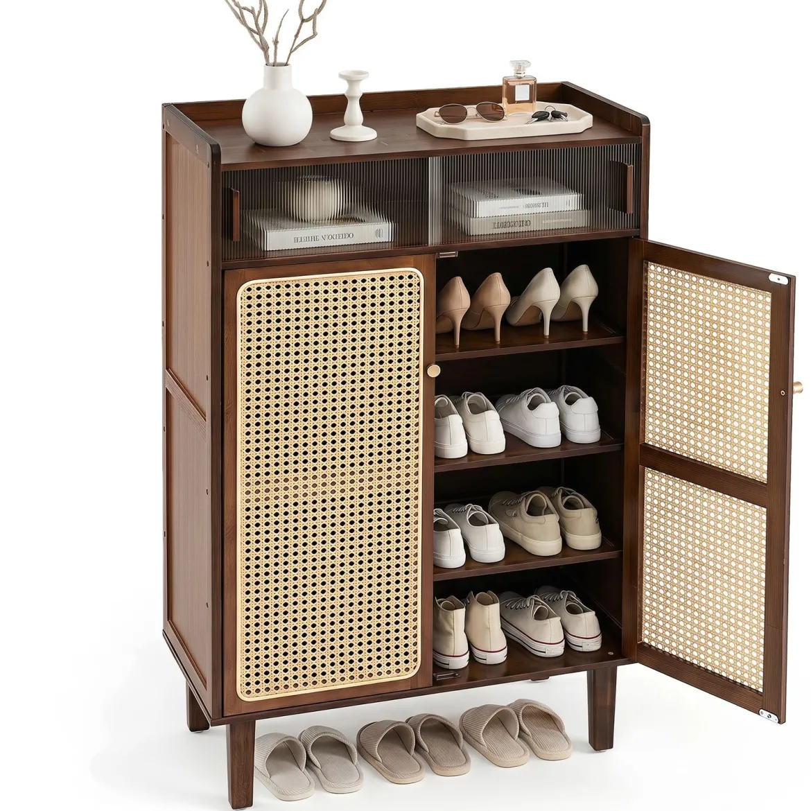 Schuhschrank Bambus mit 2 Rattantüren Rutschfesten Füßen & 6 Ebenen 67 x 33 x 107 cm Braun