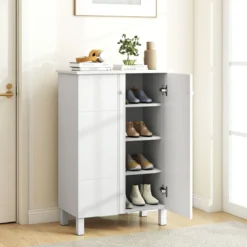 Schuhschrank holz 4-stöckiger Schuhkipper mit abnehmbaren Regalen exquisite Griffe & 2 Türen Schuhkommode Weiß