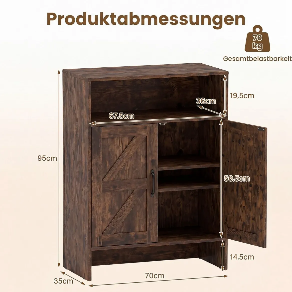 Schuhschrank im Landhausstil mit Türen & 2 Höhenverstellbaren Einlegeböden 70 x 35 x 95 cm Rustikalbraun