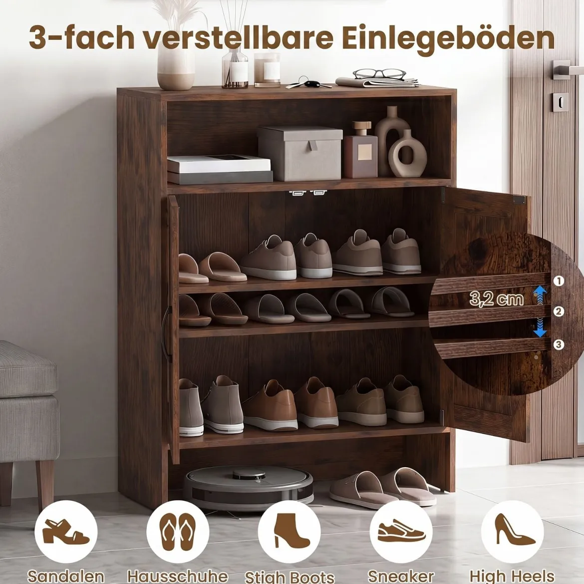 Schuhschrank im Landhausstil mit Türen & 2 Höhenverstellbaren Einlegeböden 70 x 35 x 95 cm Rustikalbraun