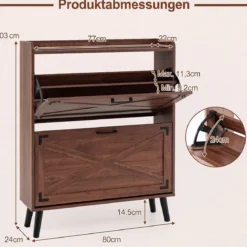Schuhschrank mit 2 Klappschubladen Freistehendes Schuhregal 80 x 24 x 103 cm Walnussbraun