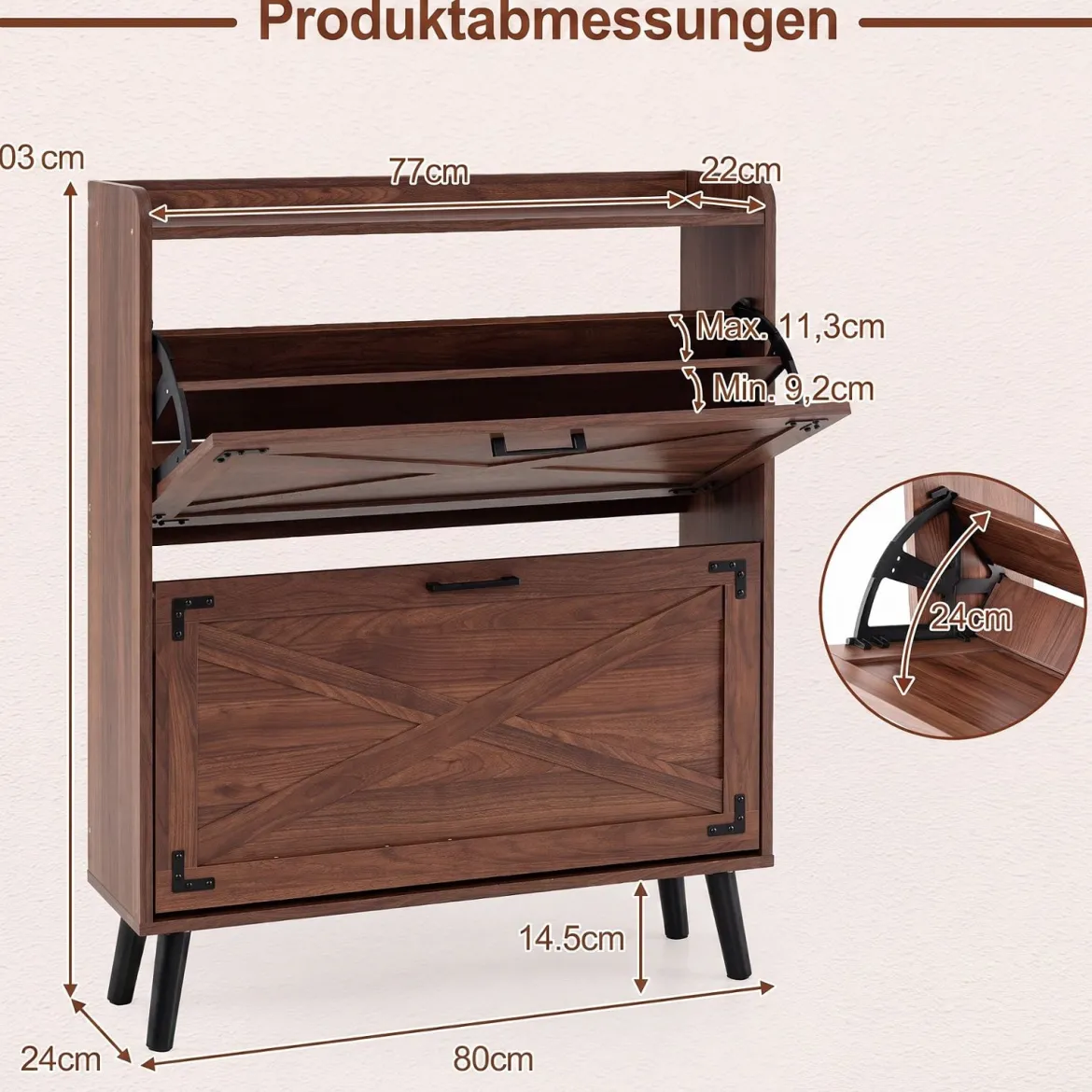 Schuhschrank mit 2 Klappschubladen Freistehendes Schuhregal 80 x 24 x 103 cm Walnussbraun