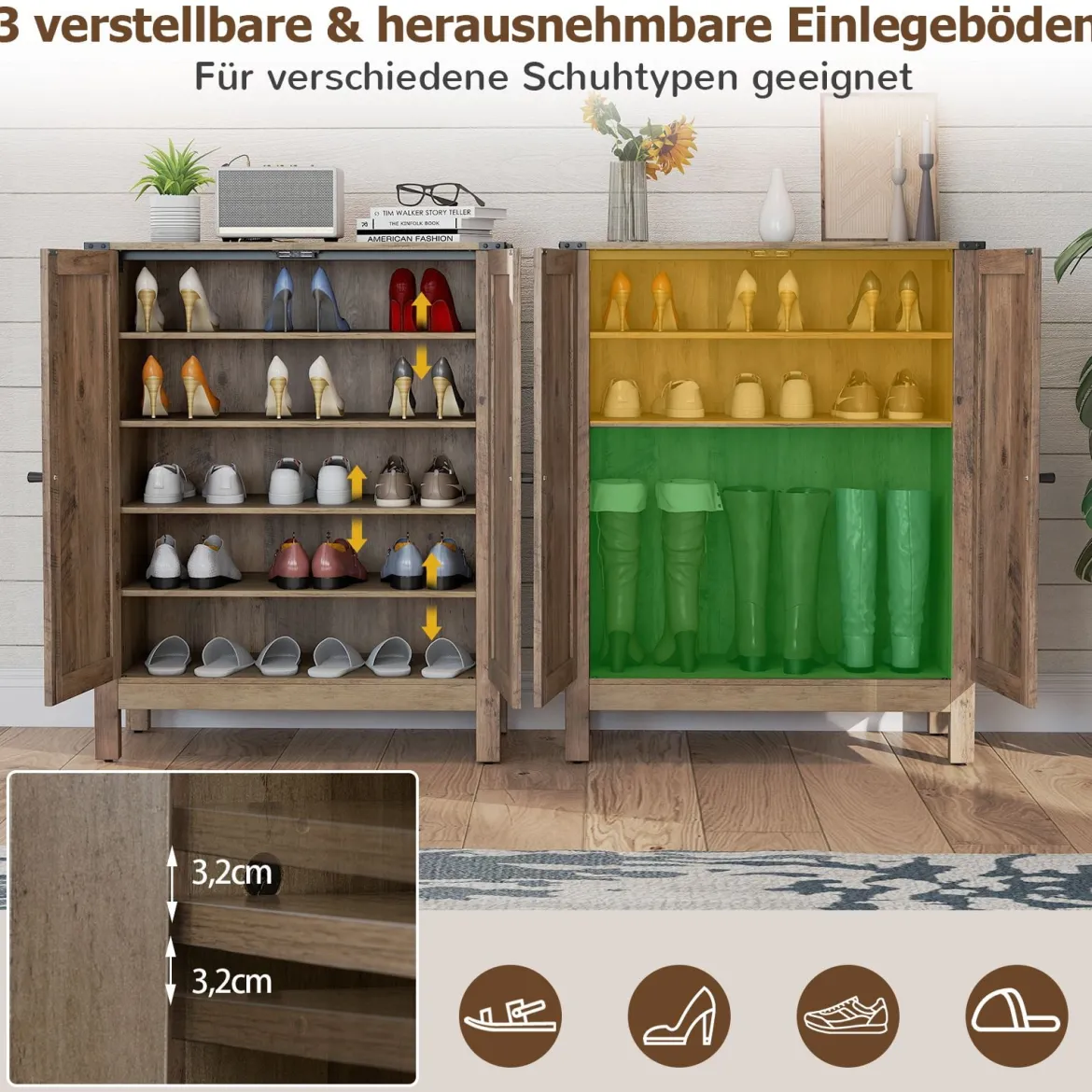 Schuhschrank mit Türen & 6-stufige Verstellbaren Regalen Schuhkommode im Landhausstil Grau