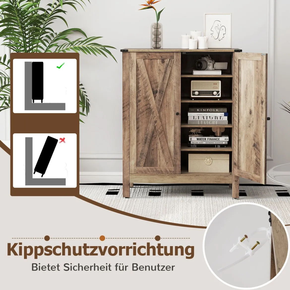 Schuhschrank mit Türen & 6-stufige Verstellbaren Regalen Schuhkommode im Landhausstil Grau