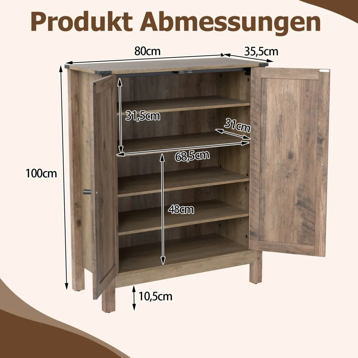 Schuhschrank mit Türen & 6-stufige Verstellbaren Regalen Schuhkommode im Landhausstil Grau
