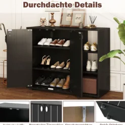 Schuhschrank mit 2 Türen & Verstellbaren Offenen Regalen Schuhregal Schuhkommode Schwarz