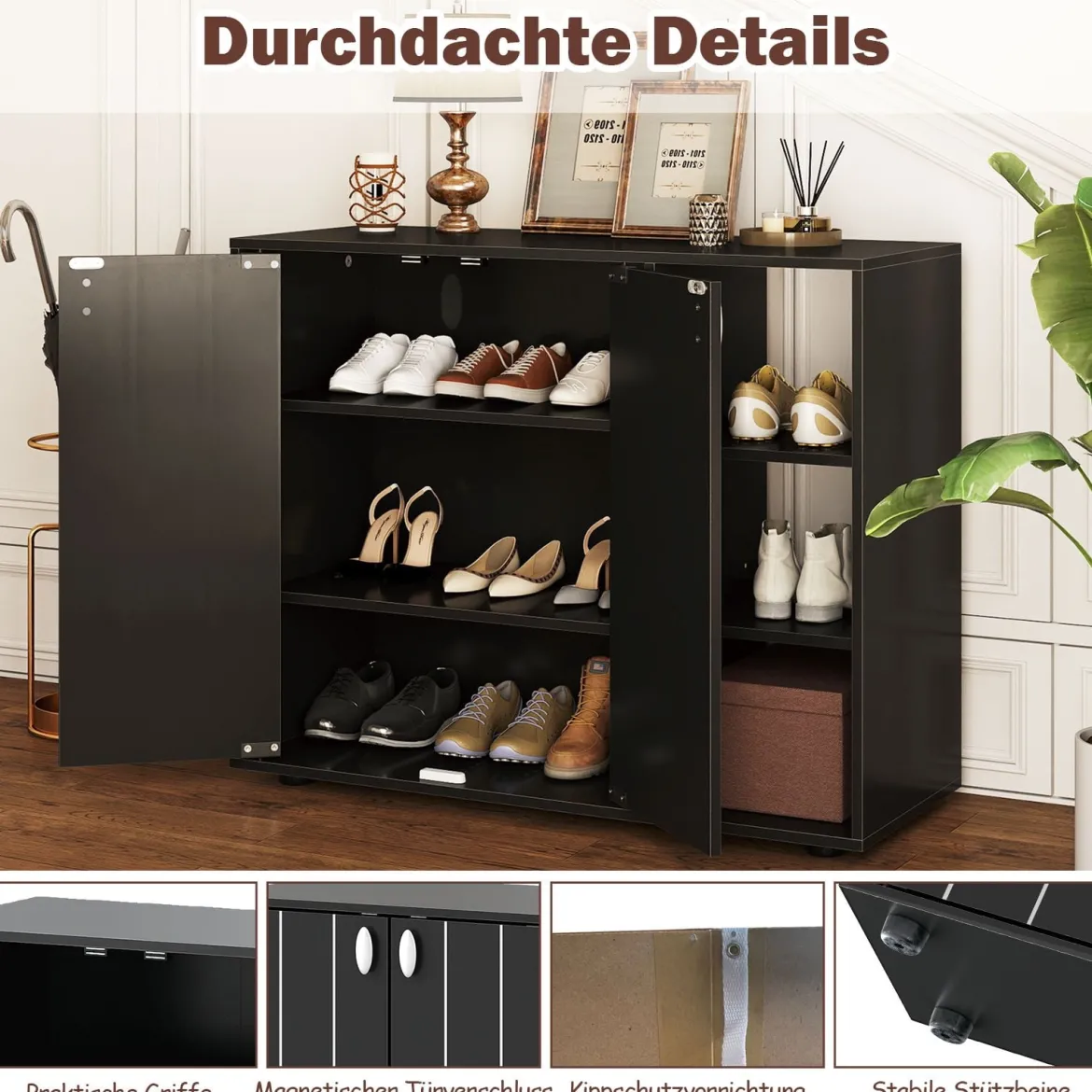 Schuhschrank mit 2 Türen & Verstellbaren Offenen Regalen Schuhregal Schuhkommode Schwarz