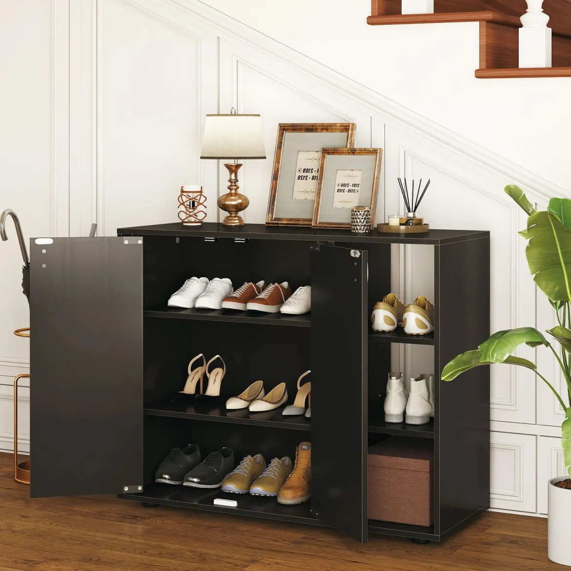 Schuhschrank mit 2 Türen & Verstellbaren Offenen Regalen Schuhregal Schuhkommode Schwarz