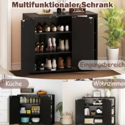 Schuhschrank mit 2 Türen & Verstellbaren Offenen Regalen Schuhregal Schuhkommode Schwarz