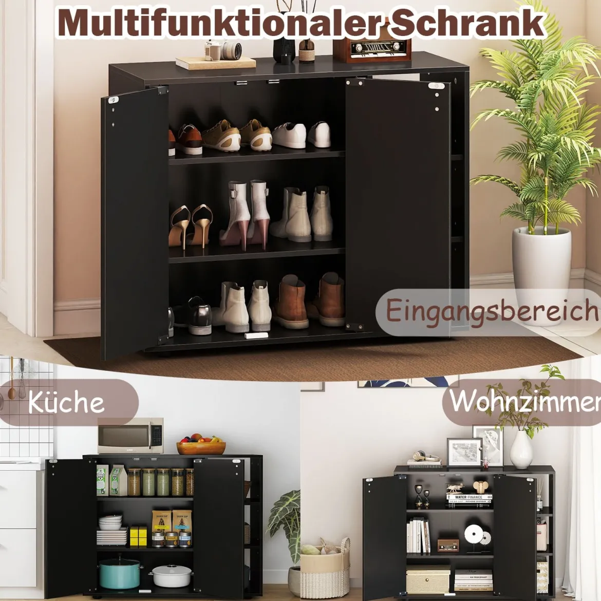 Schuhschrank mit 2 Türen & Verstellbaren Offenen Regalen Schuhregal Schuhkommode Schwarz