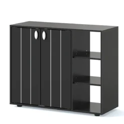 Schuhschrank mit 2 Türen & Verstellbaren Offenen Regalen Schuhregal Schuhkommode Schwarz