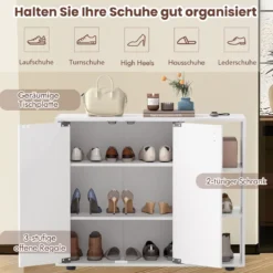 Schuhschrank mit 2 Türen & Verstellbaren Offenen Regalen Schuhregal Schuhkommode Weiß