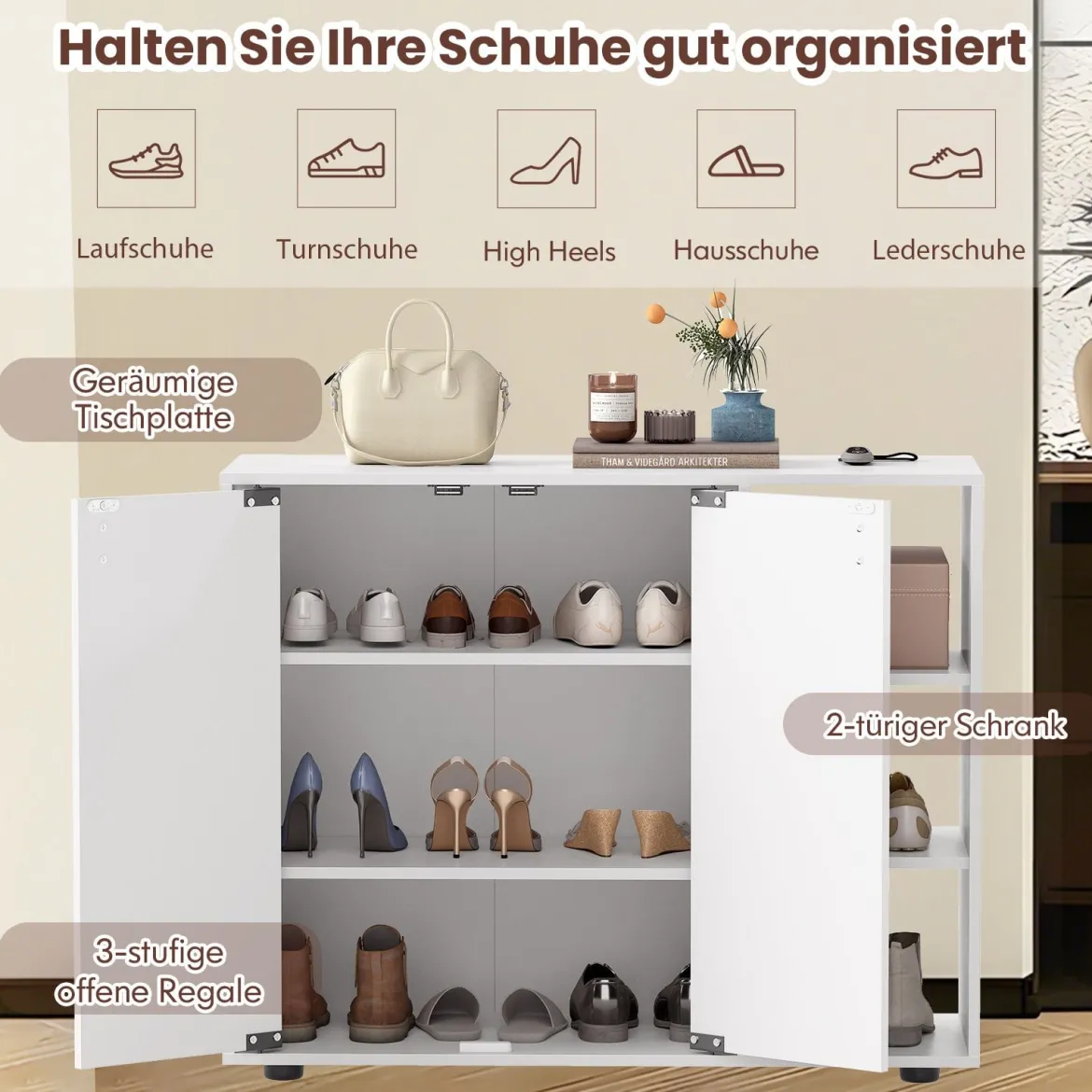 Schuhschrank mit 2 Türen & Verstellbaren Offenen Regalen Schuhregal Schuhkommode Weiß