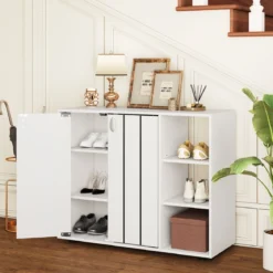 Schuhschrank mit 2 Türen & Verstellbaren Offenen Regalen Schuhregal Schuhkommode Weiß