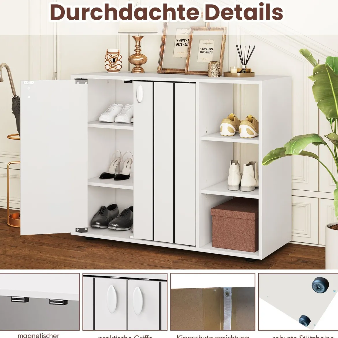 Schuhschrank mit 2 Türen & Verstellbaren Offenen Regalen Schuhregal Schuhkommode Weiß