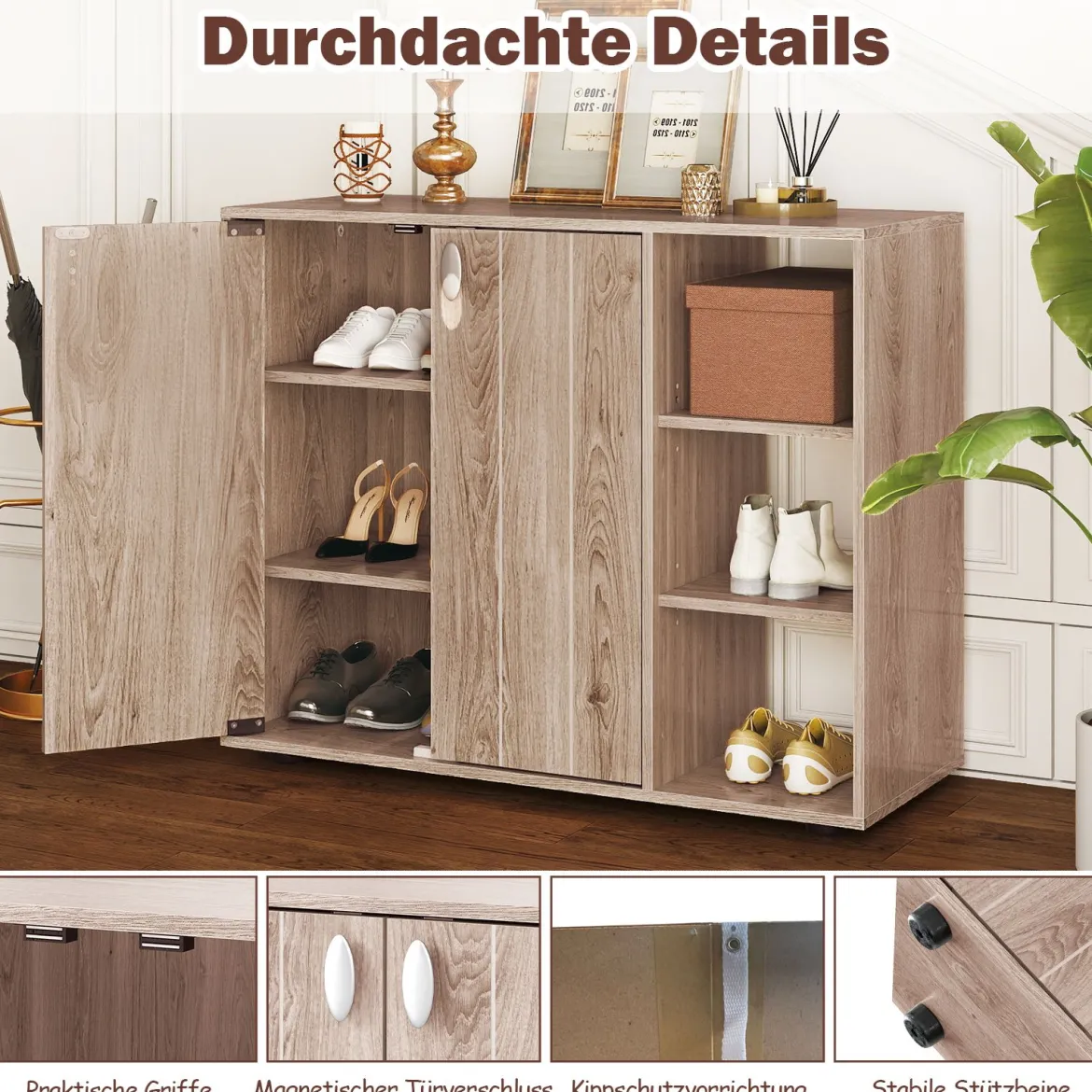 Schuhschrank mit 2 Türen & Verstellbaren Offenen Regalen Schuhregal Schuhkommode Natur