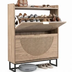 Schuhschrank Schuhkipper mit 2 Klappen Schuhregal & Verstellbaren Einlegeböden 80 x 24 x 102 cm Natur