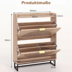 Schuhschrank Schuhkipper mit 2 Klappen Schuhregal & Verstellbaren Einlegeböden 80 x 24 x 102 cm Natur