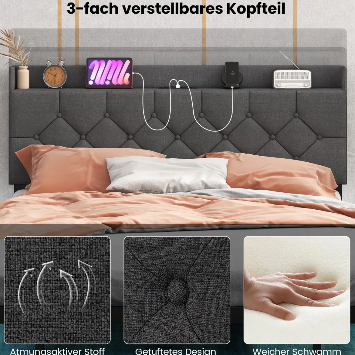Schwebebettgestell mit LED-Lichtern modernes Plattformbett mit verstellbarem gepolstertem Kopfteil und Ladestation Grau