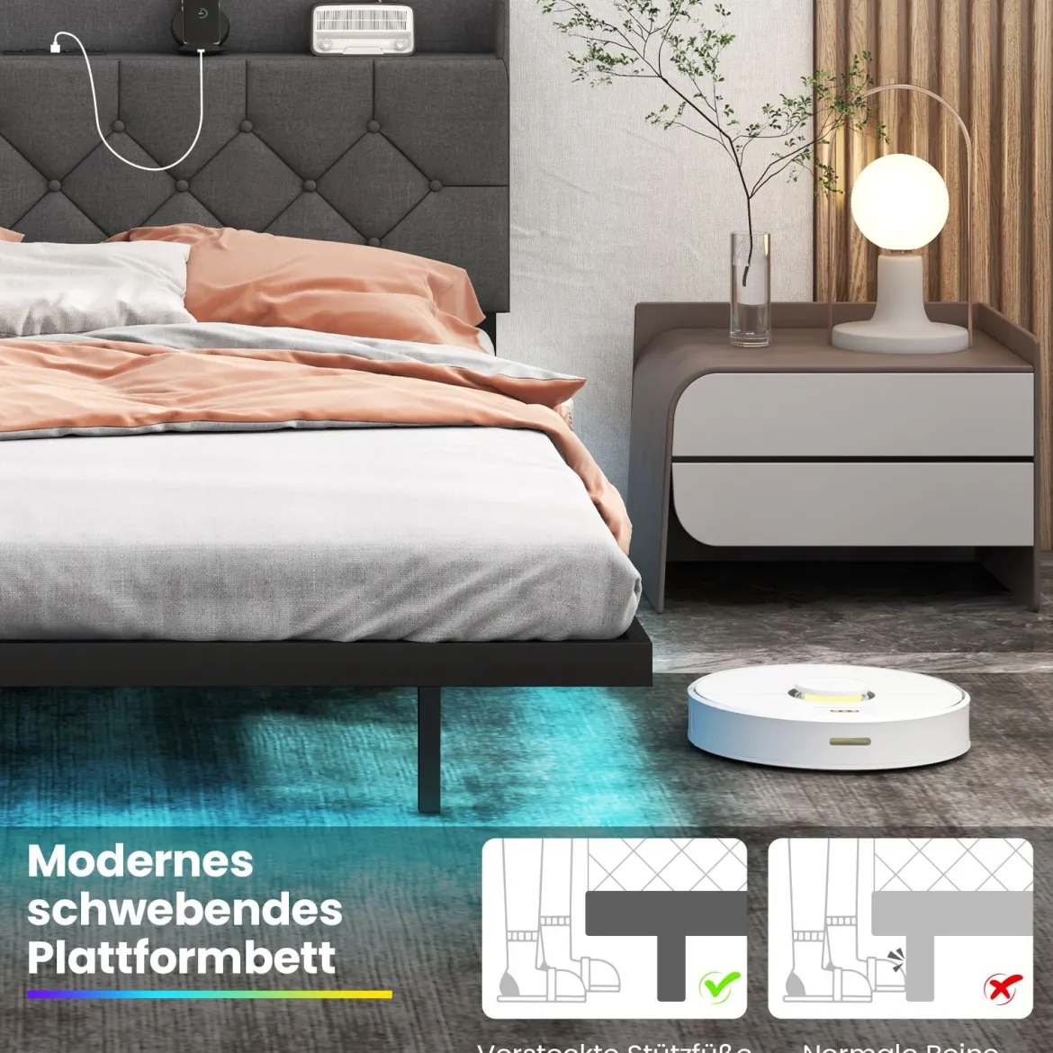 Schwebebettgestell mit LED-Lichtern modernes Plattformbett mit verstellbarem gepolstertem Kopfteil und Ladestation Grau