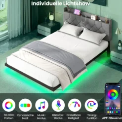 Schwebebettgestell mit LED-Lichtern modernes Plattformbett mit verstellbarem gepolstertem Kopfteil und Ladestation Grau