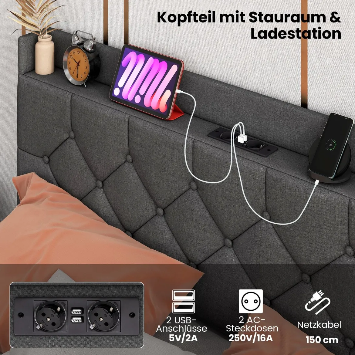 Schwebebettgestell mit LED-Lichtern modernes Plattformbett mit verstellbarem gepolstertem Kopfteil und Ladestation Grau