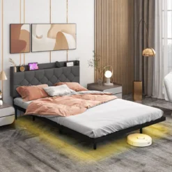 Schwebebettgestell mit LED-Lichtern modernes Plattformbett mit verstellbarem gepolstertem Kopfteil und Ladestation Grau