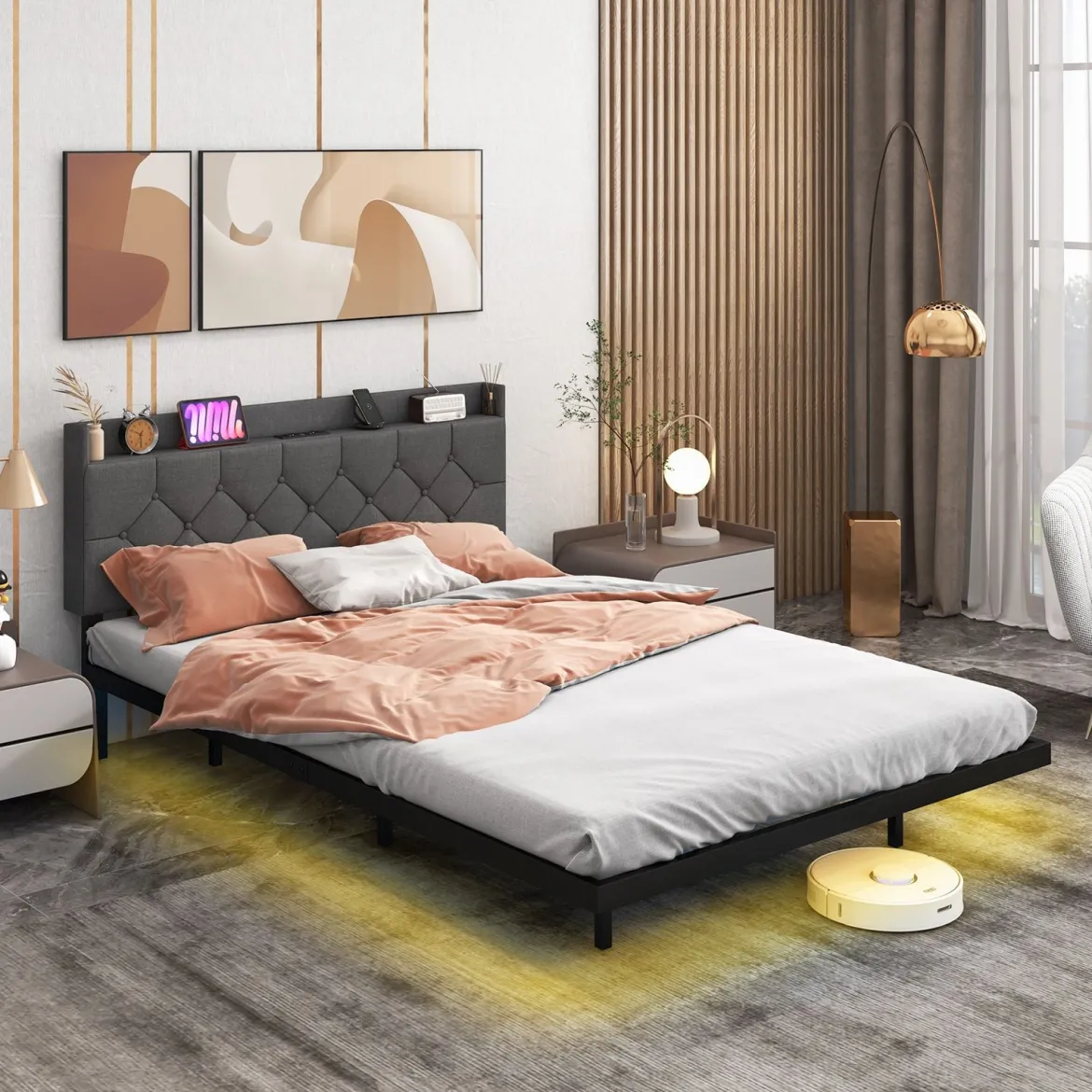 Schwebebettgestell mit LED-Lichtern modernes Plattformbett mit verstellbarem gepolstertem Kopfteil und Ladestation Grau