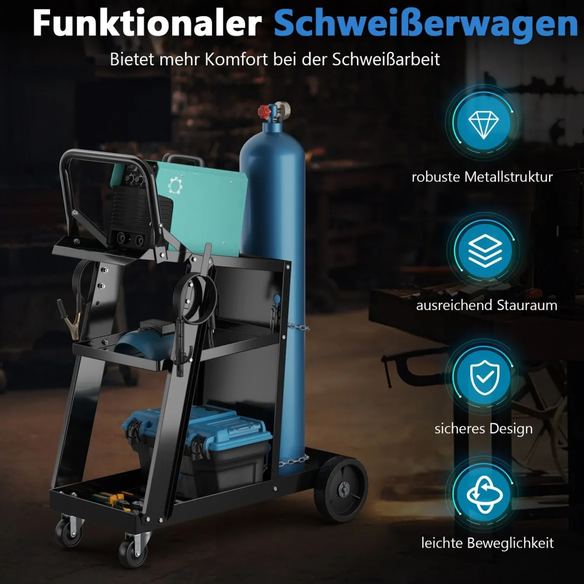 Schweißwagen mit 3 Ablageflächen Schweißmobil Wagen für Schweßgeräte Schweißgerätwagen mit Kippschutzketten Schwarz