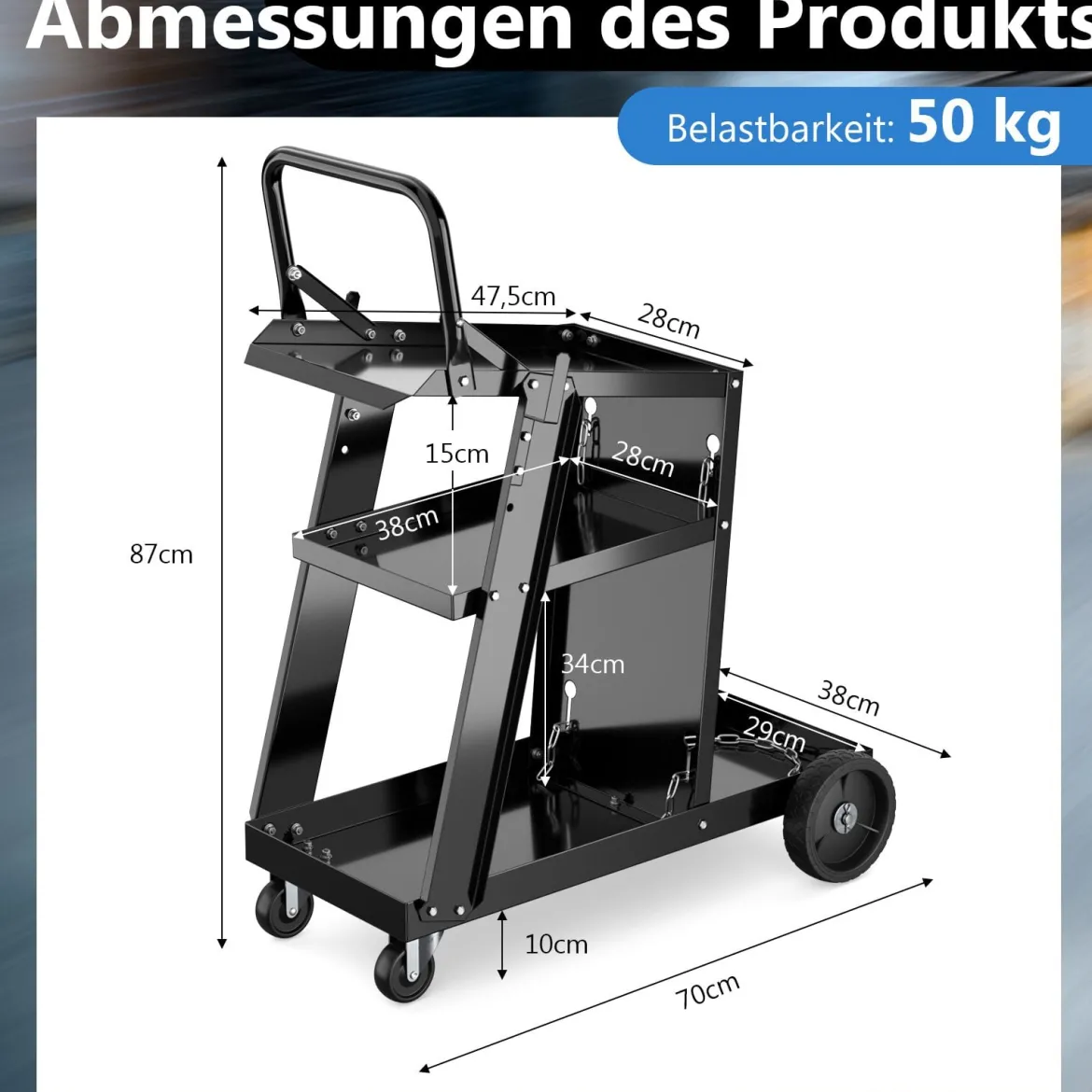 Schweißwagen mit 3 Ablageflächen Schweißmobil Wagen für Schweßgeräte Schweißgerätwagen mit Kippschutzketten Schwarz