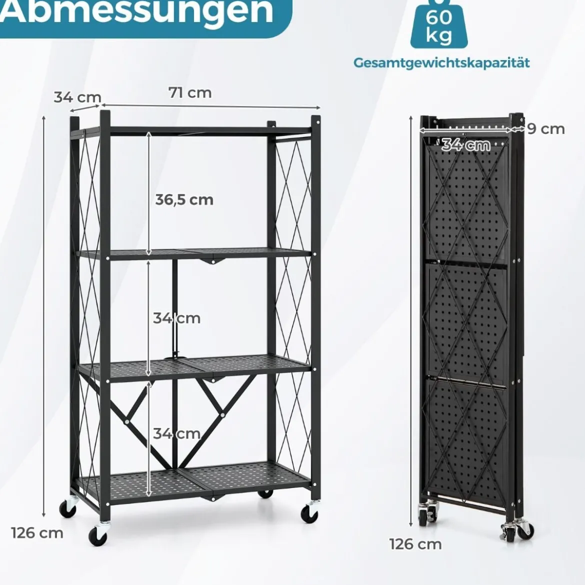 Schwerlastregal klappbar 4 Ebenen Standregal mit feststellbaren Rädern Schwarz 71 x 34 x 126 cm