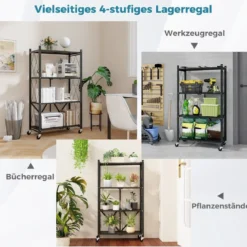 Schwerlastregal klappbar 4 Ebenen Standregal mit feststellbaren Rädern Schwarz 71 x 34 x 126 cm