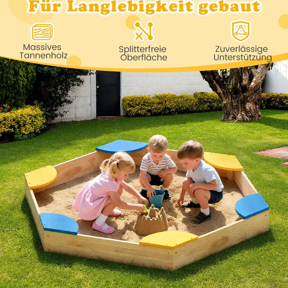 Sechseckiger Sandkasten aus Holz offener Sandkisten mit Pflanzkasten-Kombination 140 x 122 x 14 cm