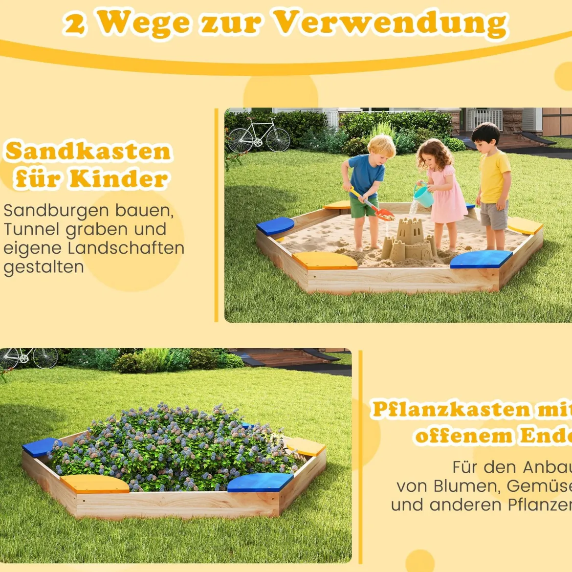 Sechseckiger Sandkasten aus Holz offener Sandkisten mit Pflanzkasten-Kombination 140 x 122 x 14 cm