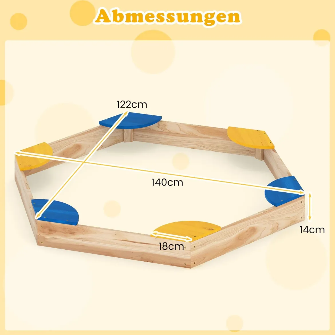 Sechseckiger Sandkasten aus Holz offener Sandkisten mit Pflanzkasten-Kombination 140 x 122 x 14 cm