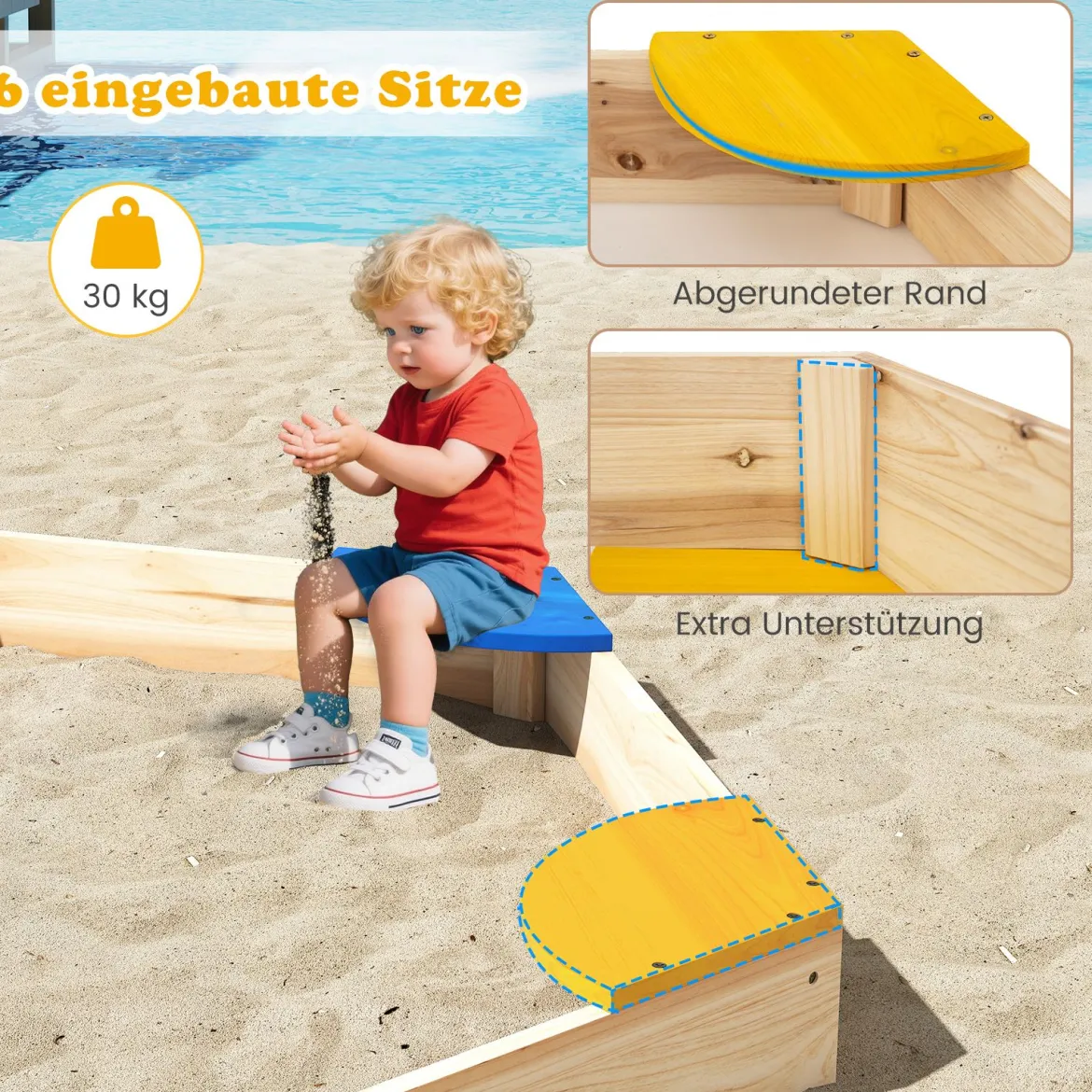 Sechseckiger Sandkasten aus Holz offener Sandkisten mit Pflanzkasten-Kombination 140 x 122 x 14 cm