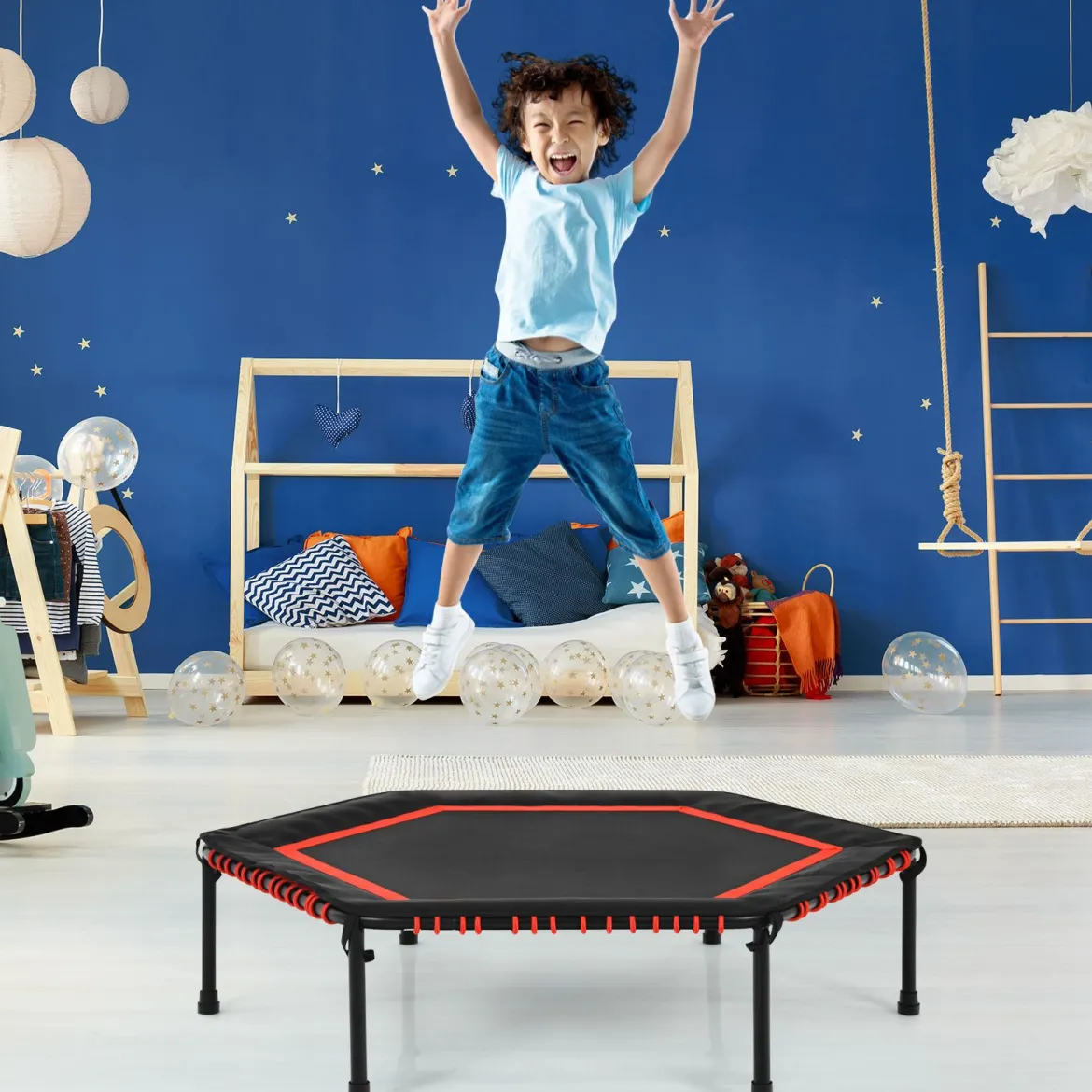 Sechseckiges 126 cm Fitness-Trampolin Fitness Trampolin Kindertrampolin Jumping-Workout Rot