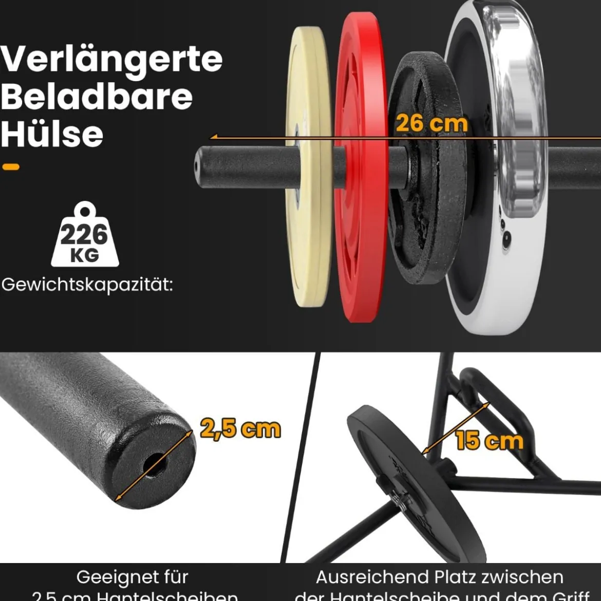 Sechskant-Fangstange robuste Langhantel-Fangstange mit Flachen bis 226 kg Belastbar Schwarz