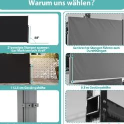 Seitenmarkise 300 x 18 x 160 cm Garten Sichtschutz Ausziehbar aus Aluminium Sonnenschutz Windschutz für Balkon