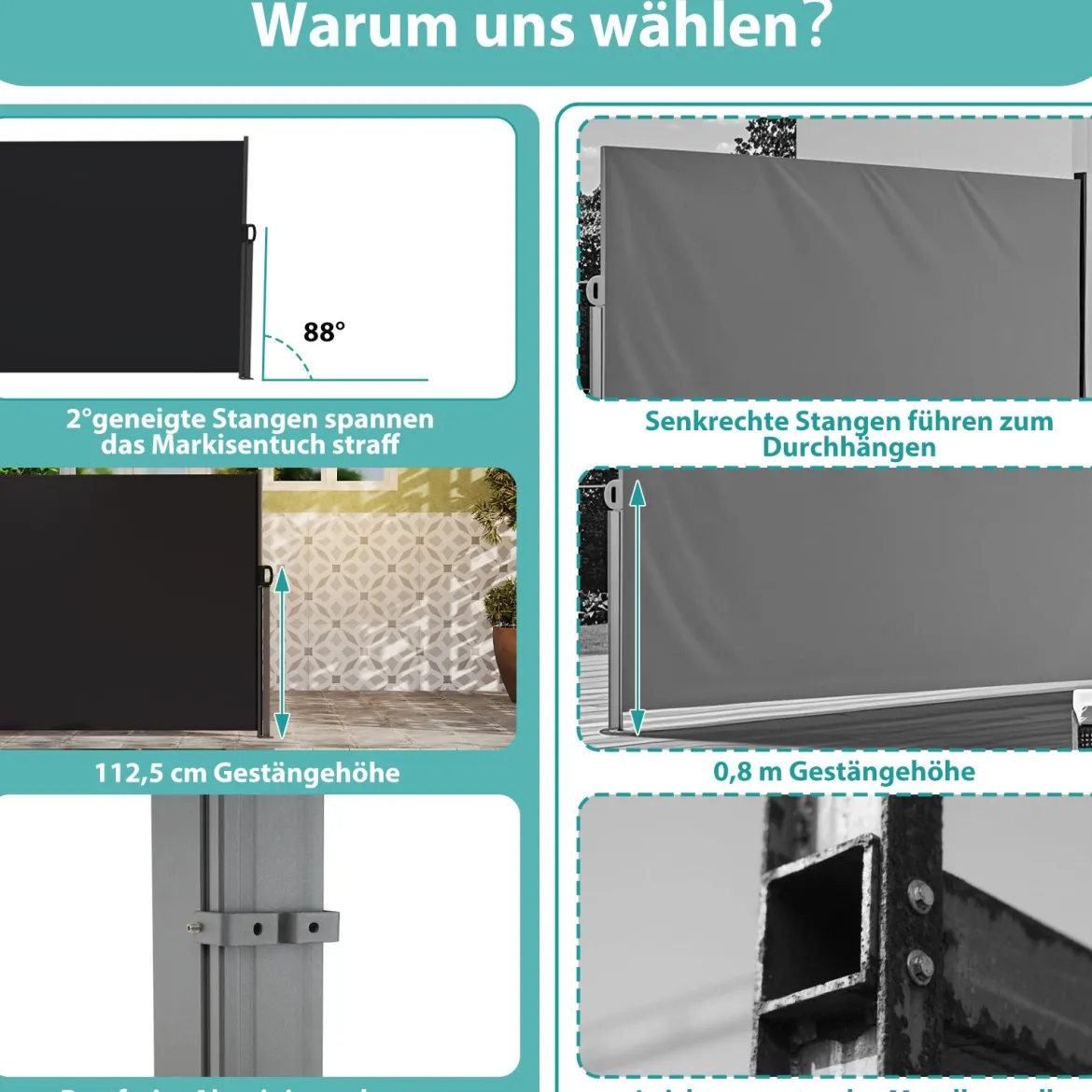 Seitenmarkise 300 x 18 x 160 cm Garten Sichtschutz Ausziehbar aus Aluminium Sonnenschutz Windschutz für Balkon