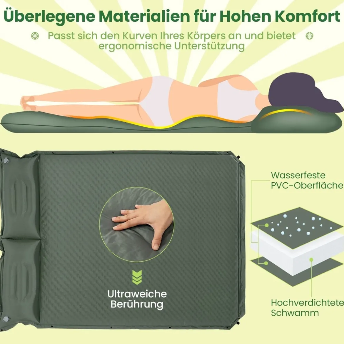 Selbstaufblasende Campingmatte Komfortable Outdoor-Schlafmatte 186 x 130 x 4 cm Grün