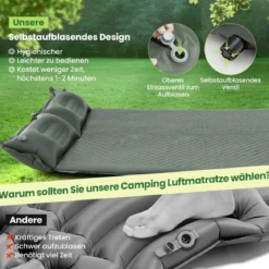 Selbstaufblasende Campingmatte Komfortable Outdoor-Schlafmatte 186 x 130 x 4 cm Grün