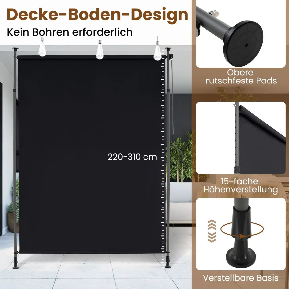 Senkrechtmarkise Außen Vertikalmarkise 250 x 220-310 cm Höhenverstellbar & Ausziehbar Sonnenschutz