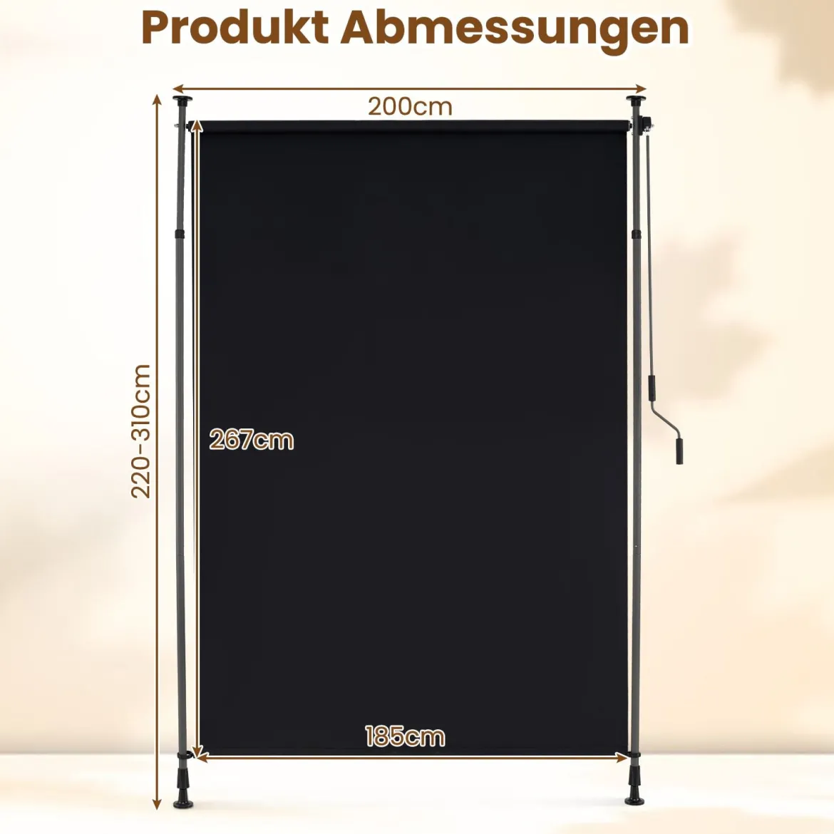 Senkrechtmarkise Außen Vertikalmarkise 200 x 220-310 cm Höhenverstellbar & Ausziehbar Balkon Markise Schwarz
