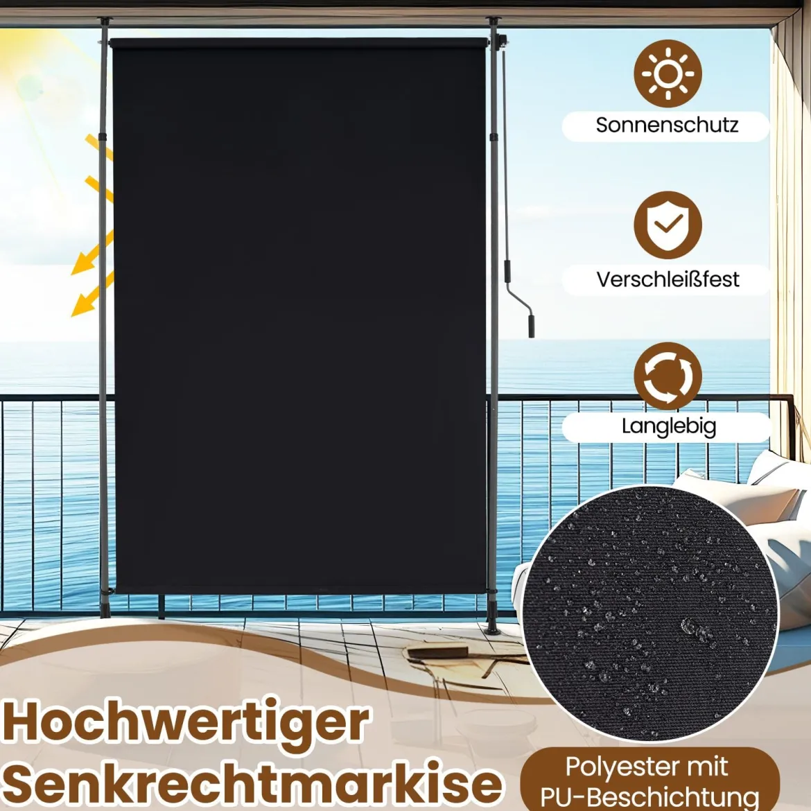 Senkrechtmarkise Außen Vertikalmarkise 200 x 220-310 cm Höhenverstellbar & Ausziehbar Balkon Markise Schwarz