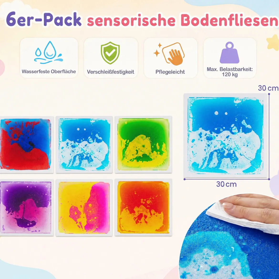Sensorische Bodenfliesen 30 x 30 cm 6 Stück Flüssige & Ungiftige Sensorik Matten Mehrfarbig
