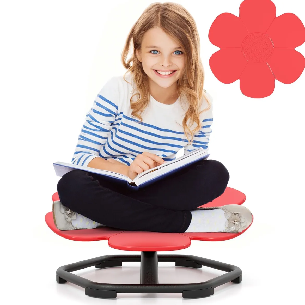 Sensorischer Drehstuhl Kinder 360° Kinderdrehstuhl Karussell Autismus Kinderstuhl mit rutschfester Metallbasis Rot Blume