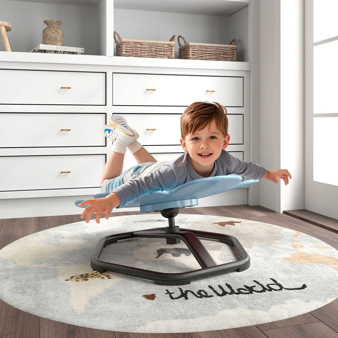 Sensorischer Drehstuhl Kinder 360° Kinderdrehstuhl Karussell Autismus Kinderstuhl mit rutschfester Metallbasis Karussellstuhl Blau Blume