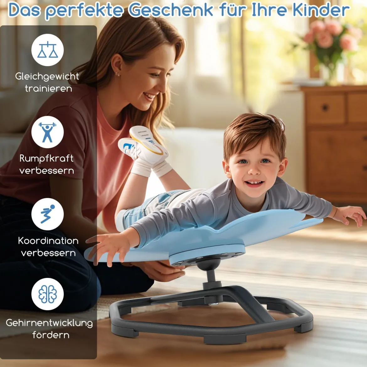 Sensorischer Drehstuhl Kinder 360° Kinderdrehstuhl Karussell Autismus Kinderstuhl mit rutschfester Metallbasis Karussellstuhl Blau Blume