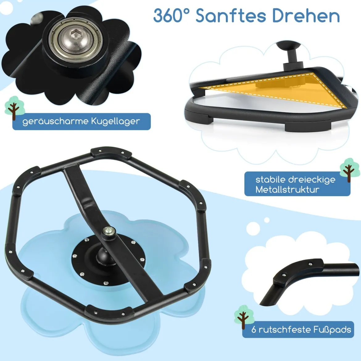 Sensorischer Drehstuhl Kinder 360° Kinderdrehstuhl Karussell Autismus Kinderstuhl mit rutschfester Metallbasis Karussellstuhl Blau Blume